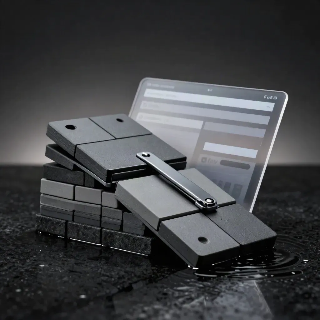Shared queue planning kit on wet black stone with drizzle and cool rim light.