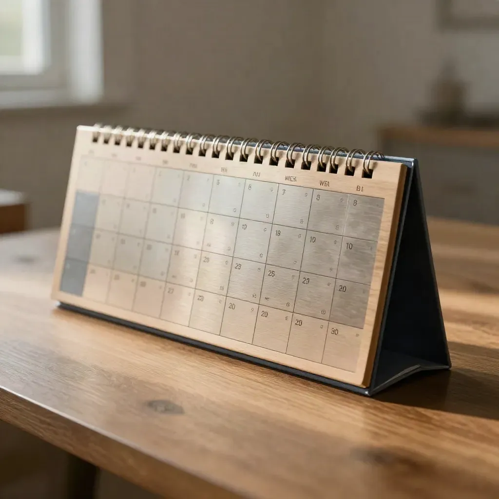 Brushed-metal content calendar modules beside pale oak in warm soft light.