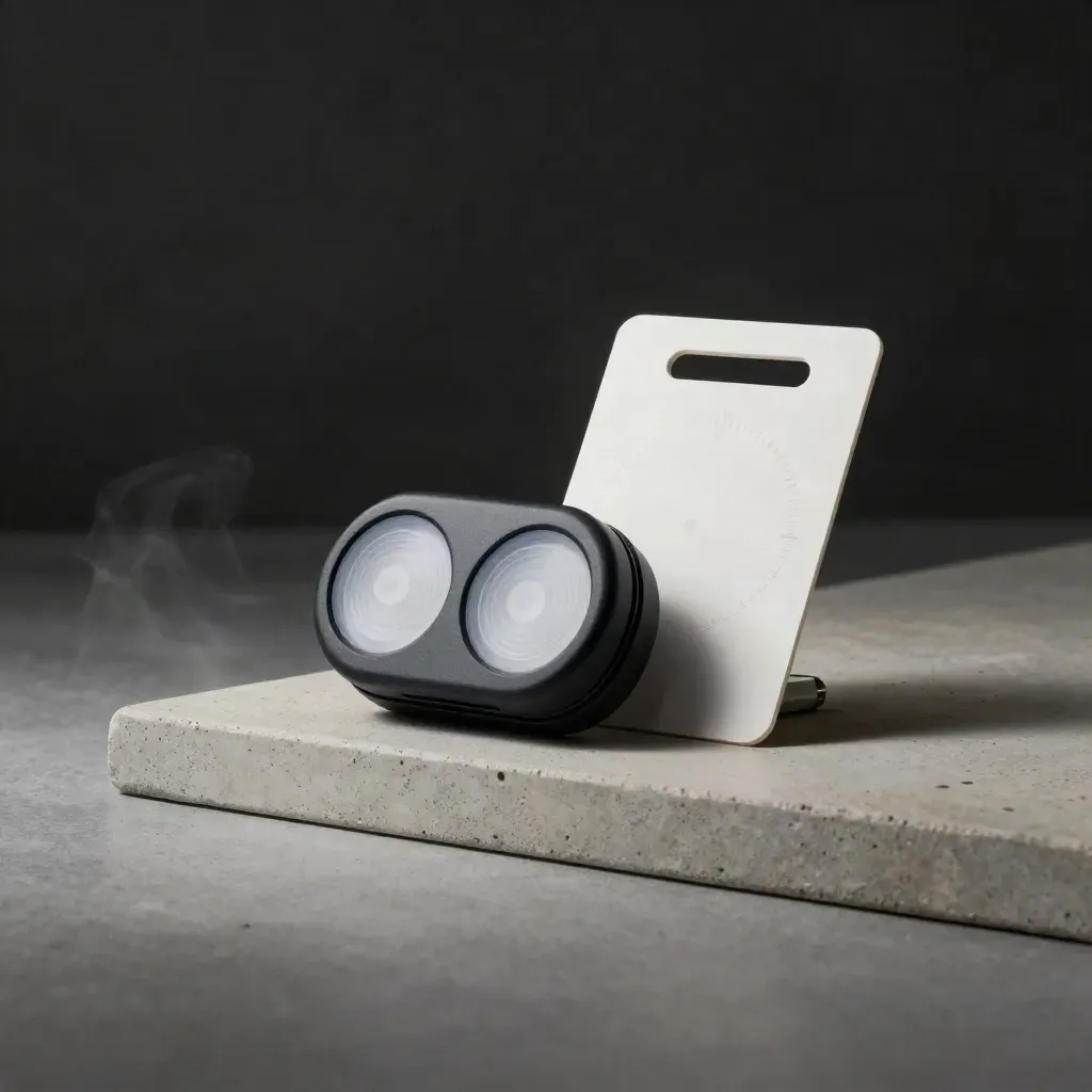 Timing puck and alert discs on pale concrete, lit dramatically in a dark studio.