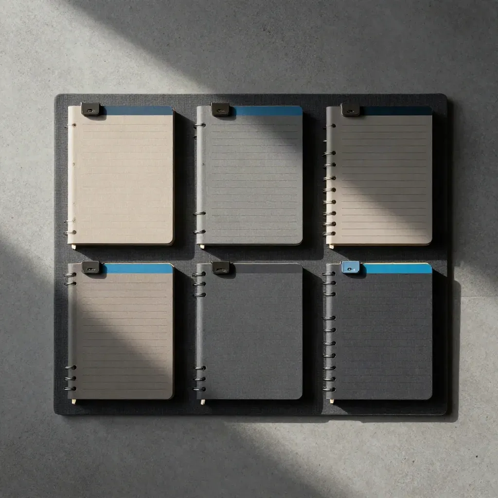 Overhead agency-planning modules, note tabs and token stacks on charcoal linen.