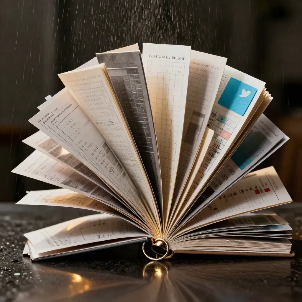 Glossy planning cards and a blue seal ring burst on dark glass in a dramatic studio still life.