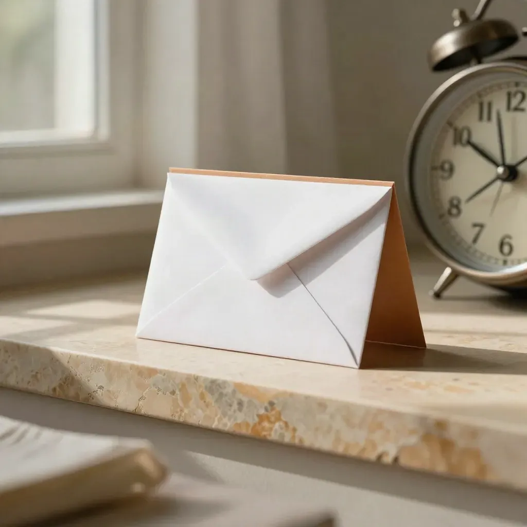 Reminder mailer kit with white puck, folded cards and a muted clock form on warm plaster
