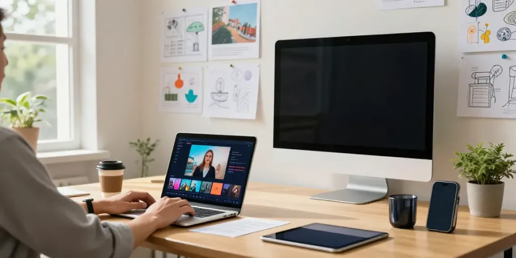 A marketing professional utilizing an AI promotional video generator in a creative workspace filled with sketches and a vibrant atmosphere.